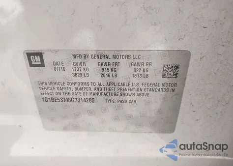 2016 Chevrolet Cruze Lt Auto z USA, uszkodzony, nr VIN 1G1BE5SM8G7314285